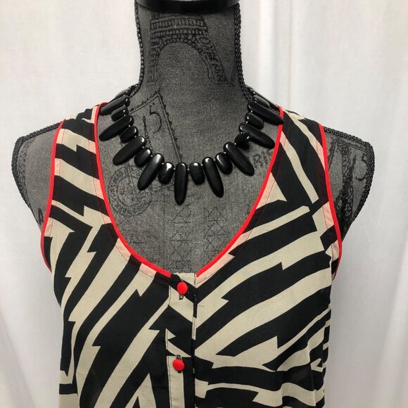 Mind Code Blouse Womens Size Medium Black Gray Red Sheer Crossover Back Artsy - Picture 2 of 6